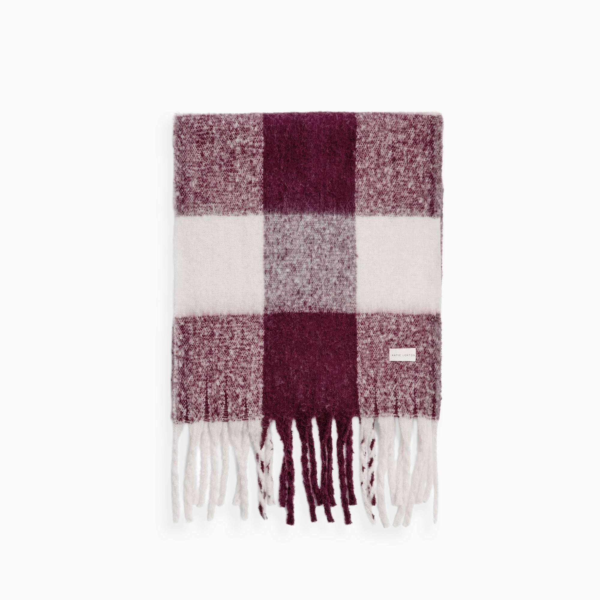 KLS849 - Checked Cherry and White Tassel Scarf