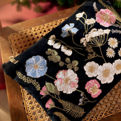 Pouch-97823 - Pressed Flowers Charcoal Velvet Pouch-Elizabeth Scarlett