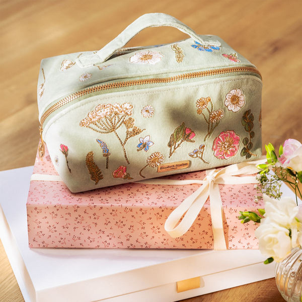 Makeup Bag-97991 - Pressed Flowers Sage Open Flat Makeup Bag-Elizabeth Scarlett