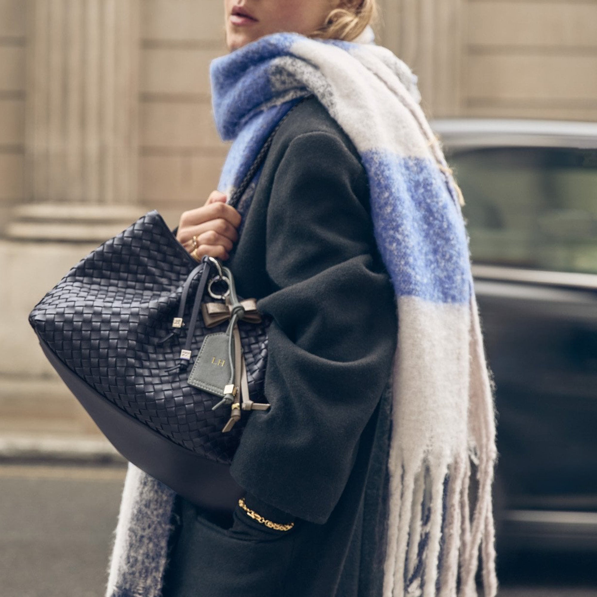 KLS850 - Checked Blue and Grey Tassel Scarf