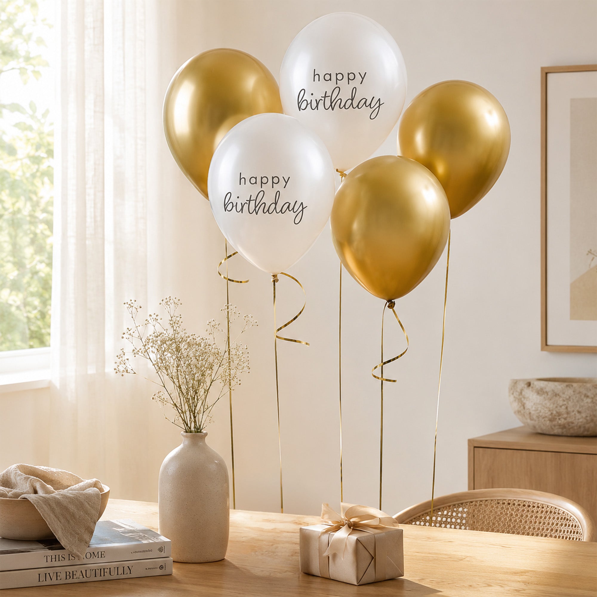 Balloons-HBBW108 - Gold & Pearl Happy Birthday 12" Balloons-Hootyballoo