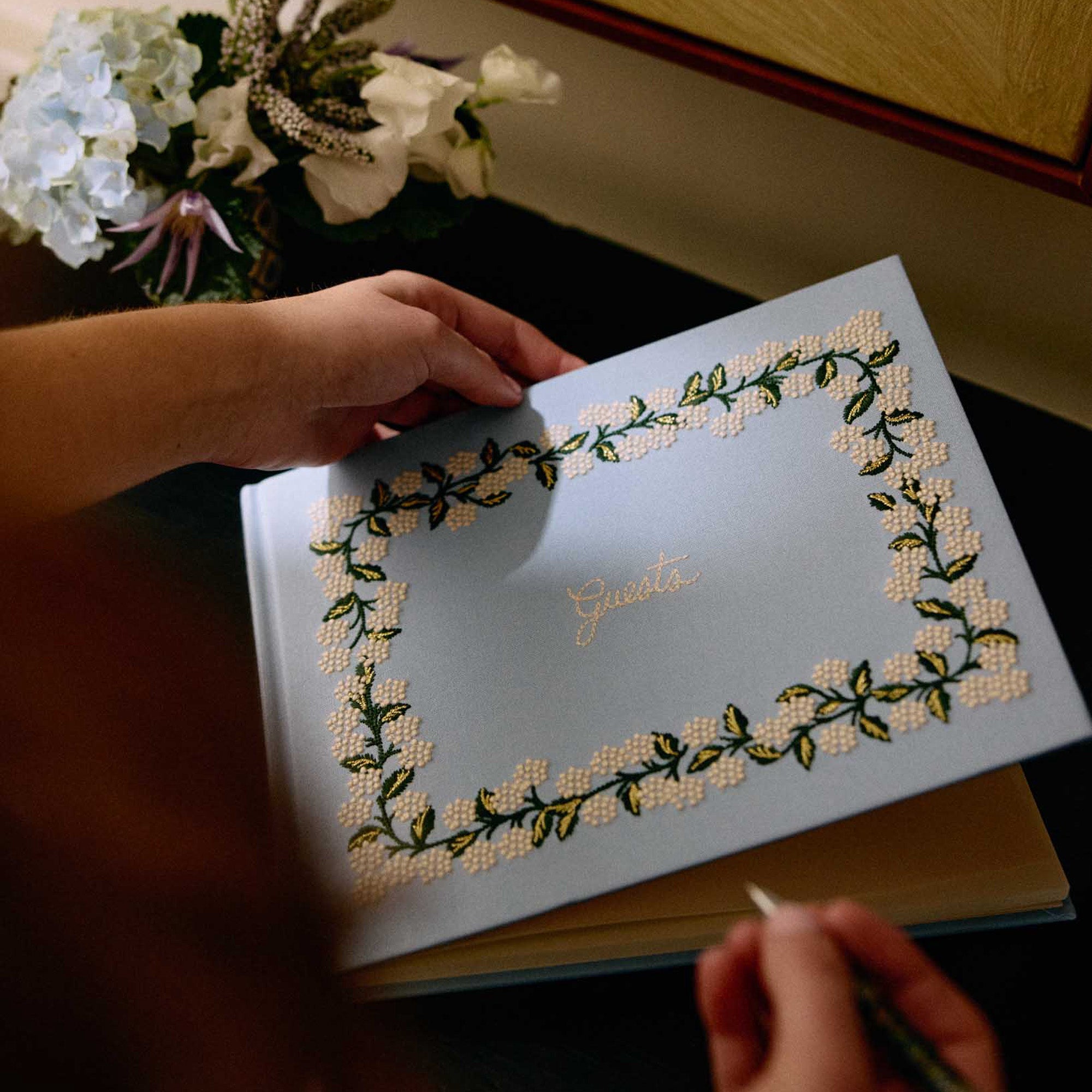 JGB003 - Hydrangea Embroidered Fabric Guest Book