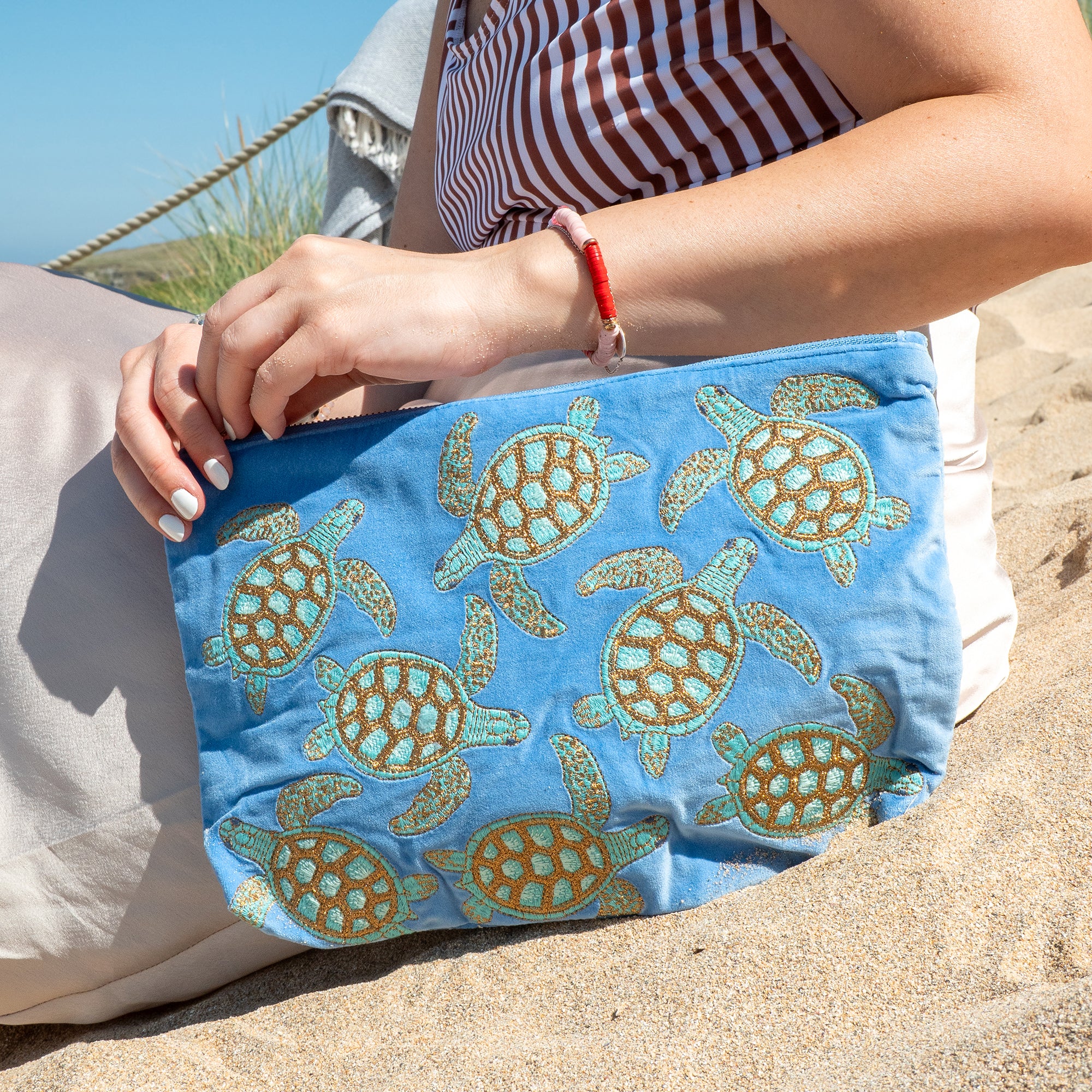 Pouch-71878 - Swimming Turtle Blue Velvet Everyday Pouch-Elizabeth Scarlett