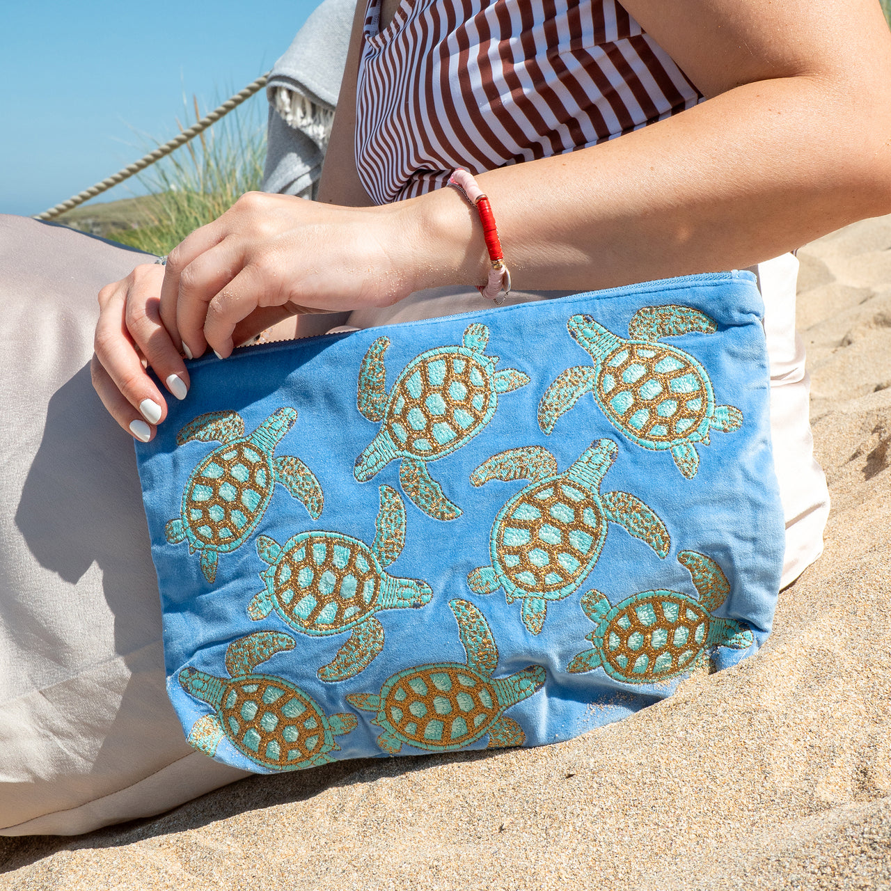 Pouch-71878 - Swimming Turtle Blue Velvet Everyday Pouch-Elizabeth Scarlett