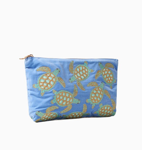 Pouch-71878 - Swimming Turtle Blue Velvet Everyday Pouch-Elizabeth Scarlett
