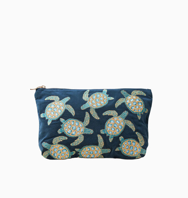 Pouch-74589 - Swimming Turtle Navy Velvet Everyday Pouch-Elizabeth Scarlett
