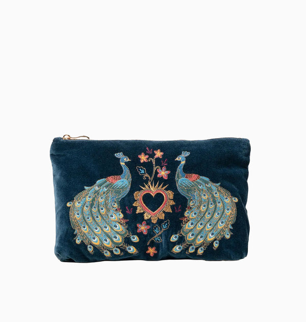 Pouch-86582 - Peacock Floral Velvet Everyday Pouch-Elizabeth Scarlett