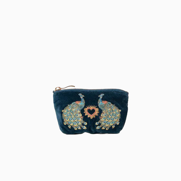 Coin Purse-86629 - Peacock Floral Ink Blue Velvet Coin Purse-Elizabeth Scarlett