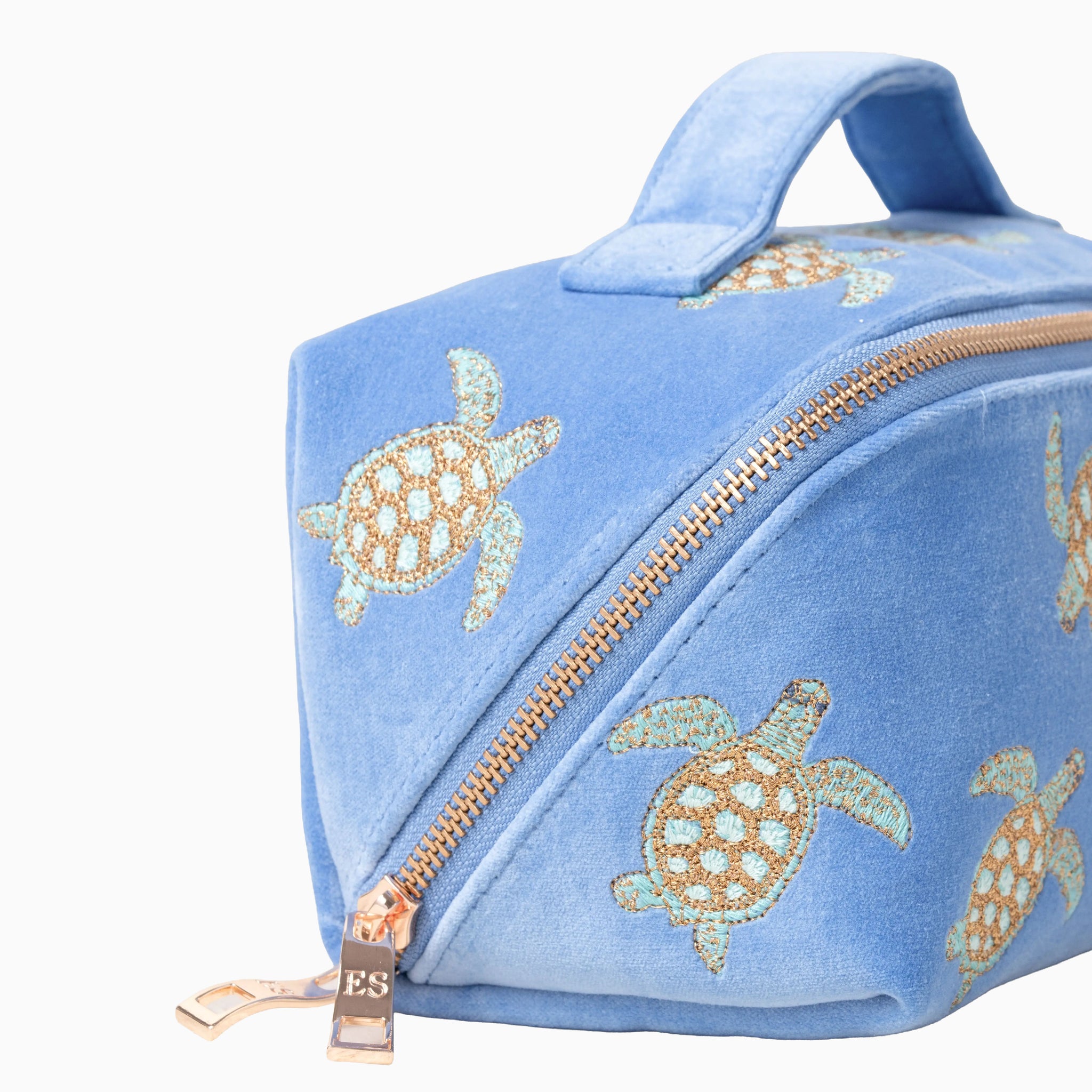 Makeup Bag-89972 - Turtle Blue Velvet Open Flat Makeup Bag-Elizabeth Scarlett