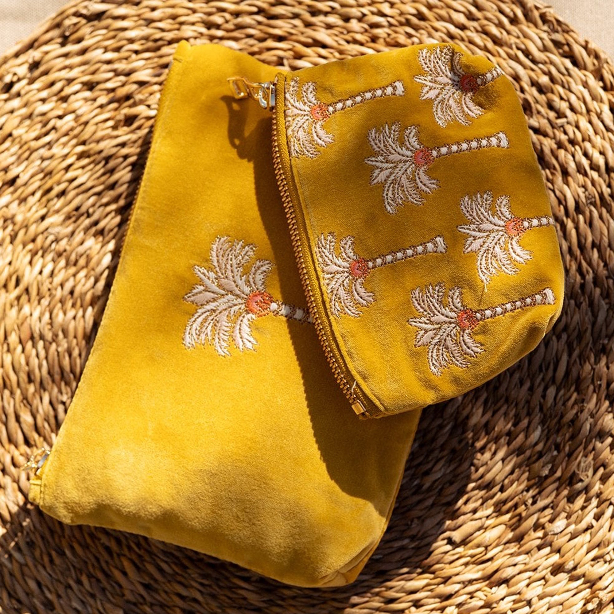 Coin Purse-99155 - Sunrise Palms Mustard Velvet Coin Purse-Elizabeth Scarlett