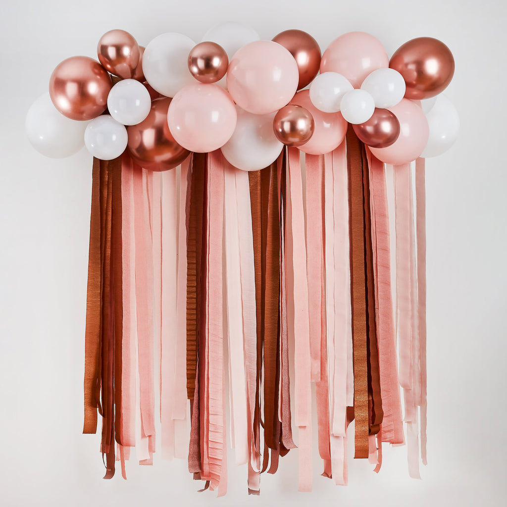 Balloons - HBMM356 - Metallic Balloon & Streamer Backdrop Set - Rose Gold Metallic Balloon & Streamer Backdrop Set - Whistlefish