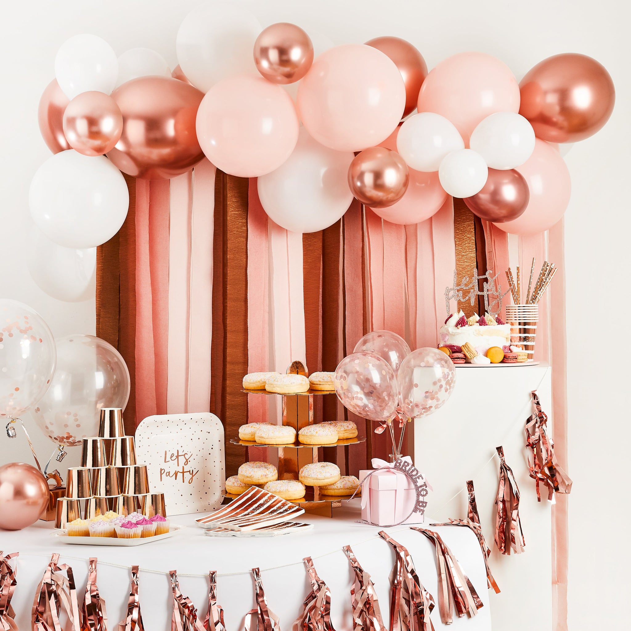 Balloons - HBMM356 - Metallic Balloon & Streamer Backdrop Set - Rose Gold Metallic Balloon & Streamer Backdrop Set - Whistlefish