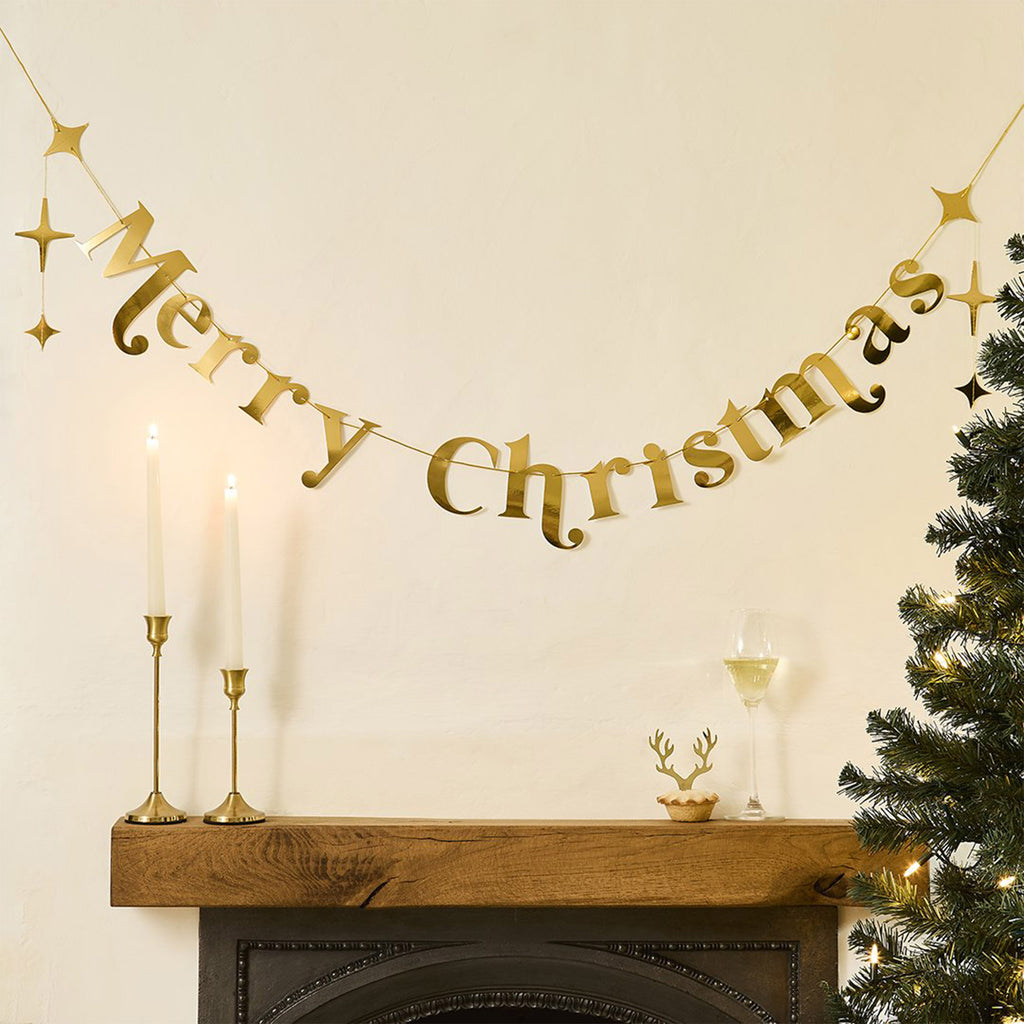 Banner-HBRC101 - Gold 'Merry Christmas' Card Banner-Hootyballoo