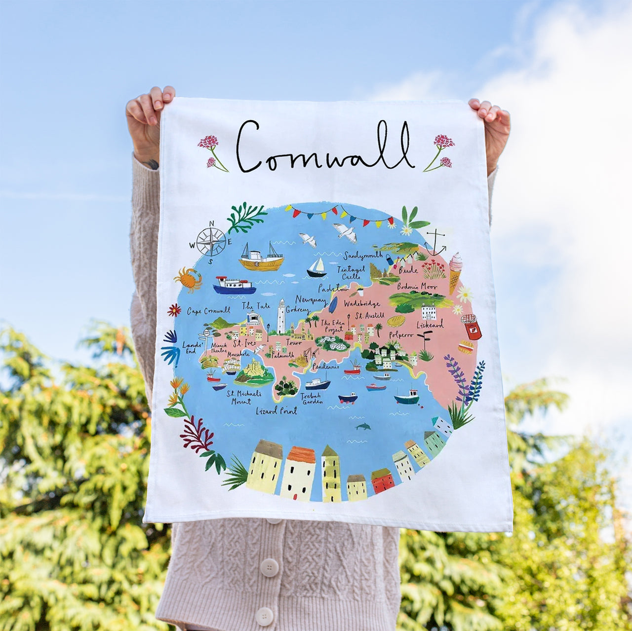 Tea Towel-CR01TT - Clair Rossiter Cornwall Map Tea Towel-Clair Rossiter