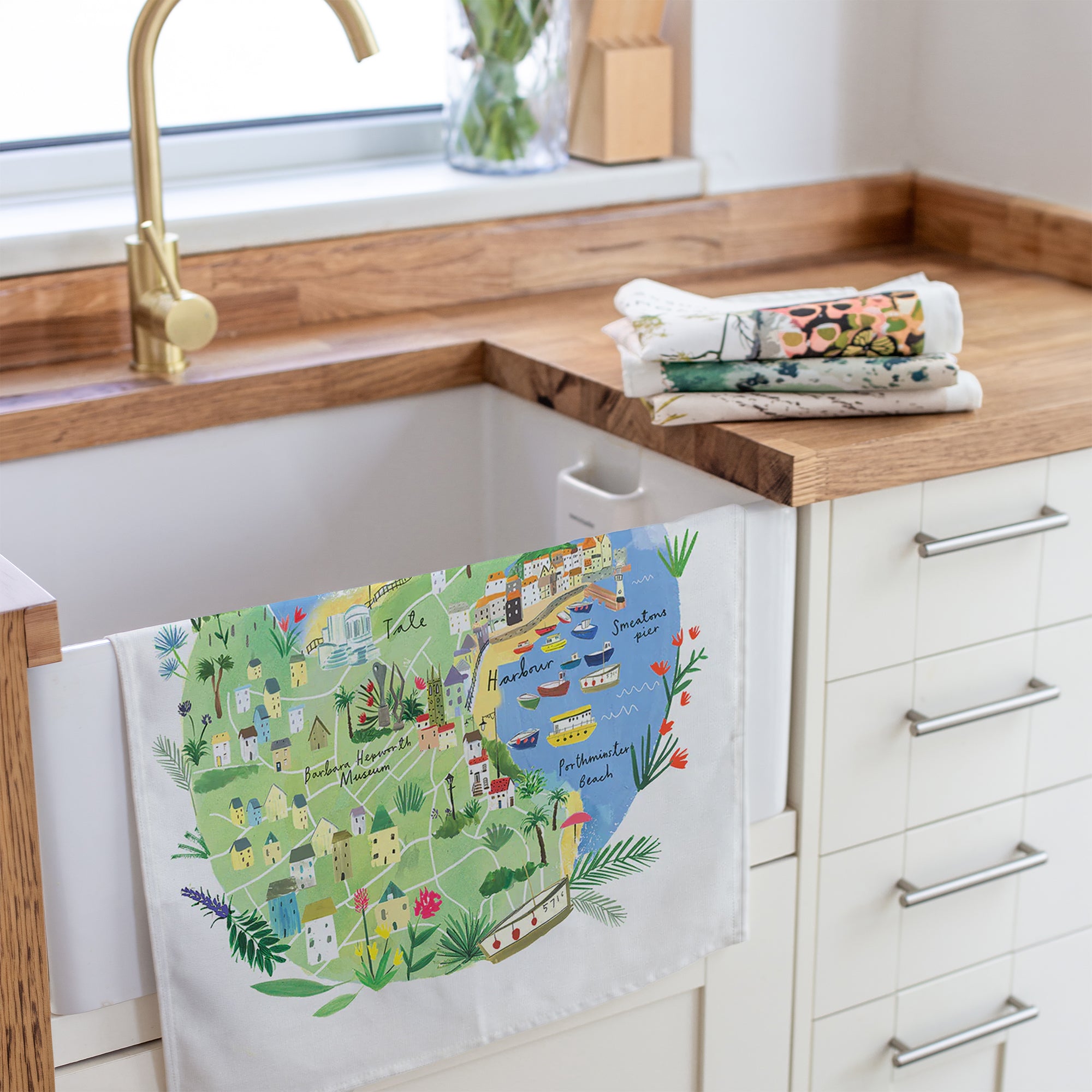 Tea Towel-CR03TT - St Ives Map Tea Towel-Clair Rossiter