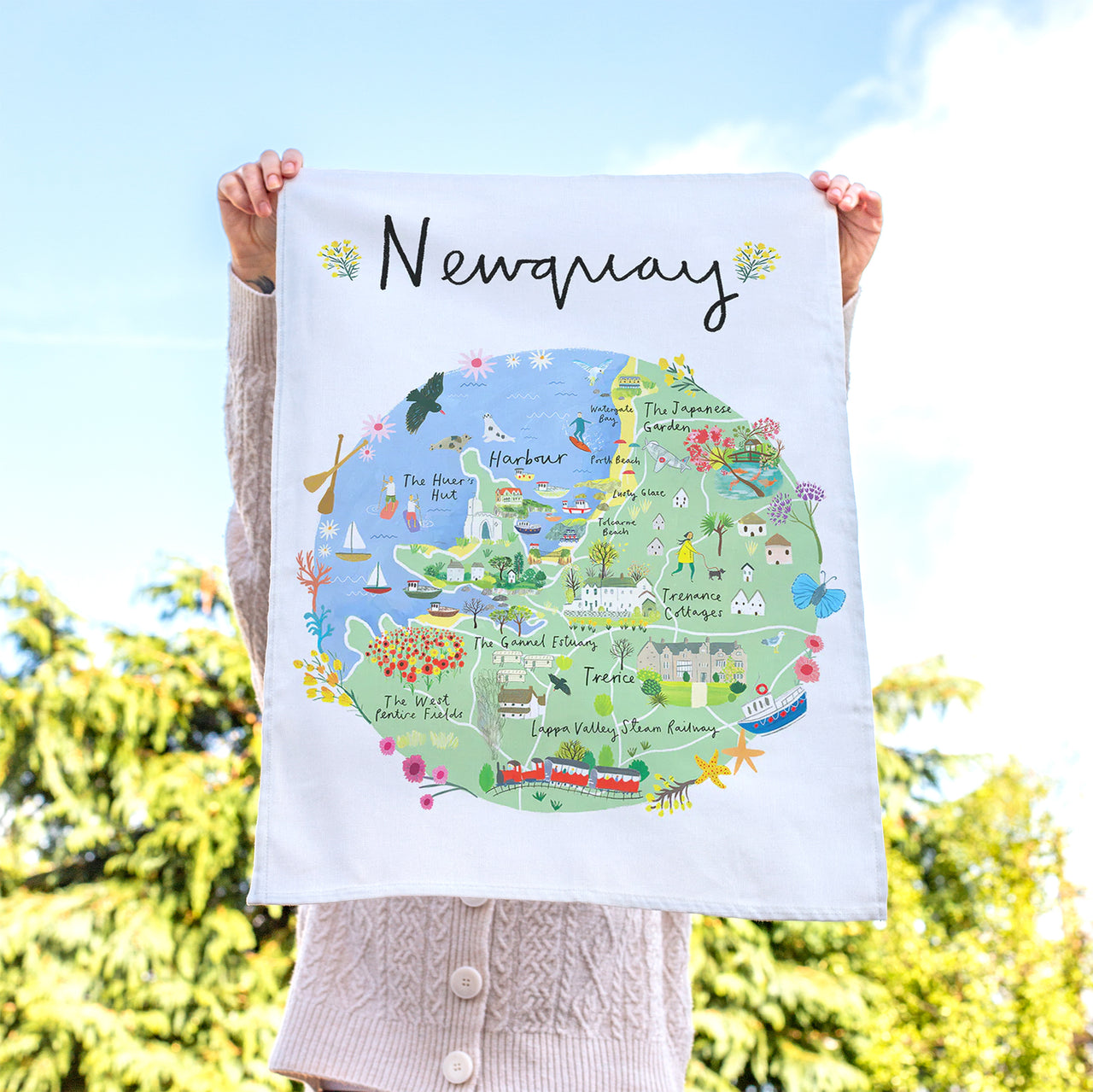 Tea Towel-CR06TT - Newquay Map Tea Towel-Clair Rossiter