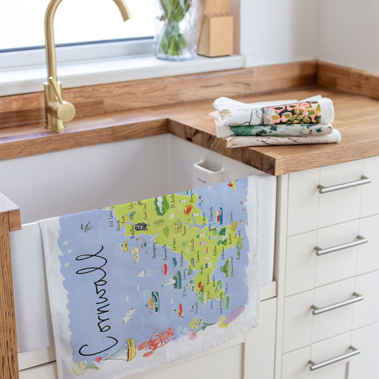 Tea Towel-CR19TT - Cornwall Landscape Map Tea Towel-Clair Rossiter