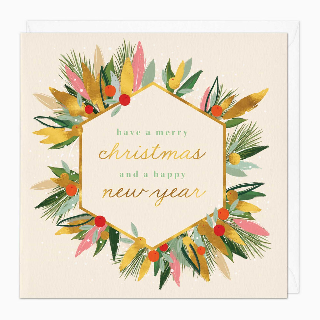 Christmas Card-XA065 - Pink & Gold Wreath Christmas Card-Whistlefish