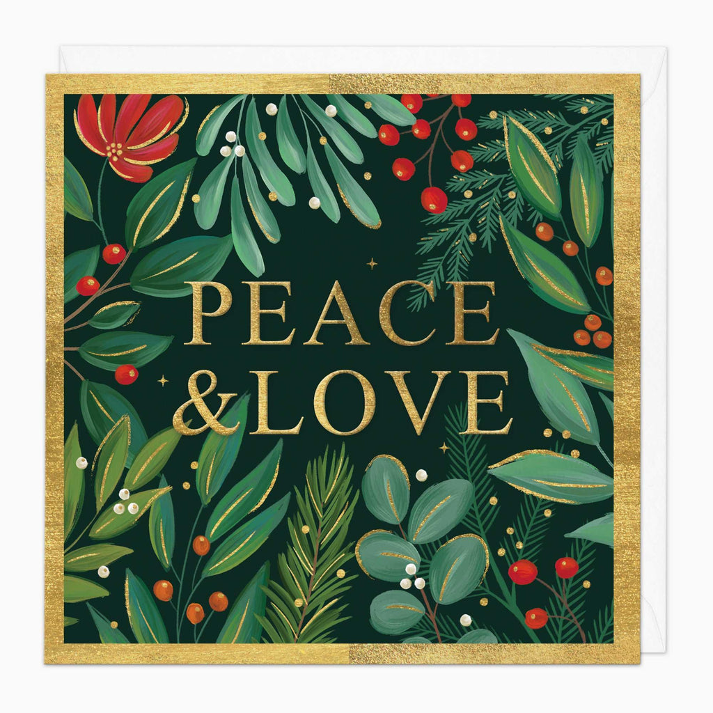 Christmas Card-XA069 - Green & Gold Peace & Love Christmas Card-Whistlefish
