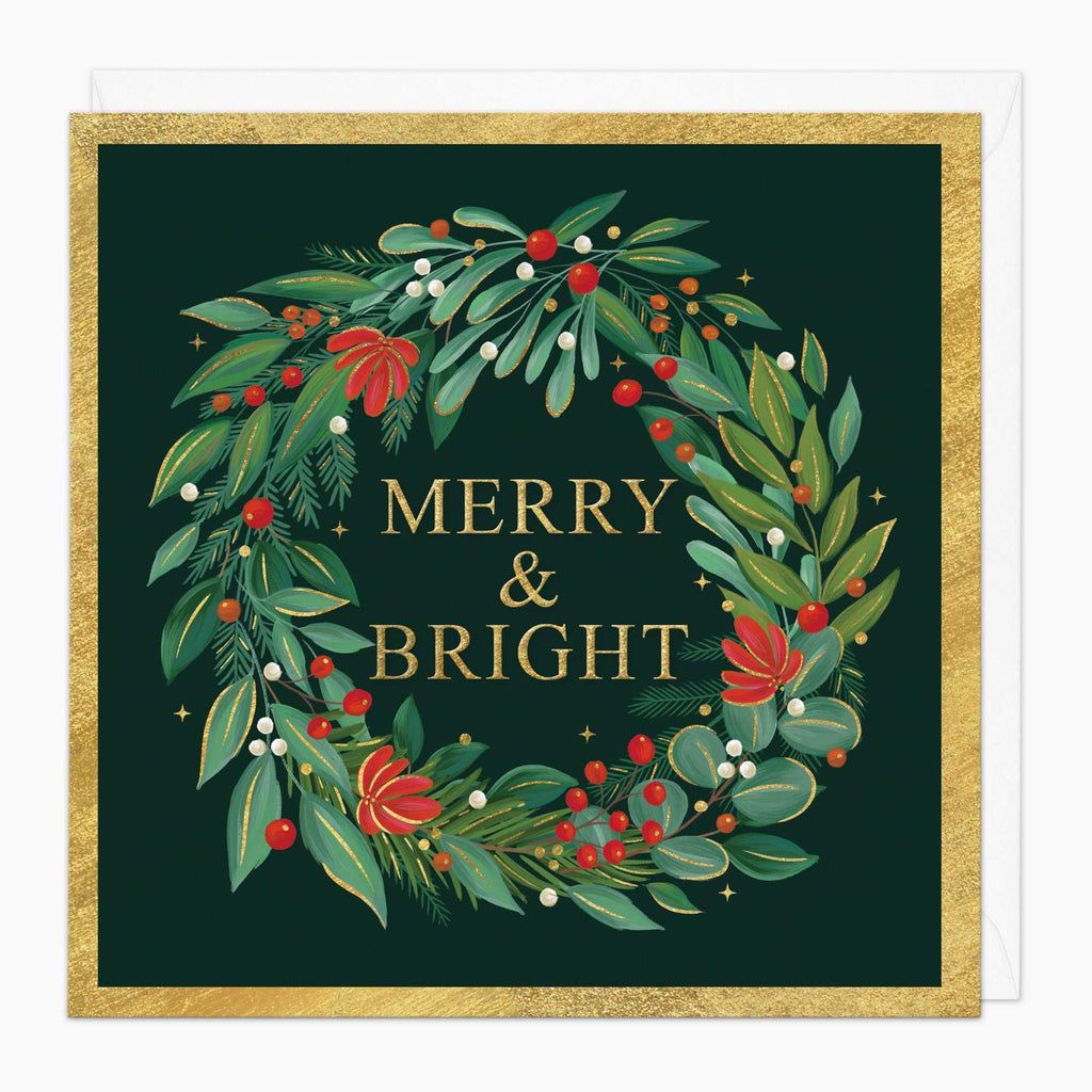 Christmas Card-XA071 - Green & Gold Merry&Bright Christmas Card-Whistlefish