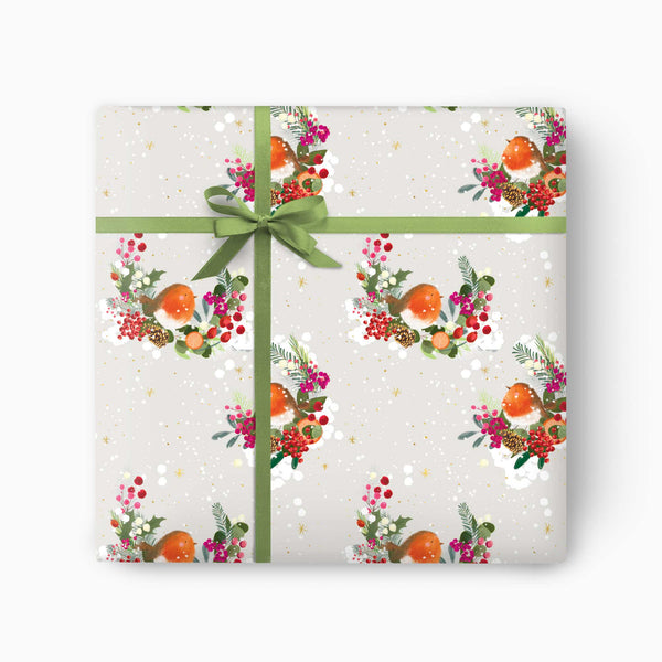 Christmas Wrapping Paper-CWP038 - Robin & Foliage Christmas Wrapping Paper-Whistlefish