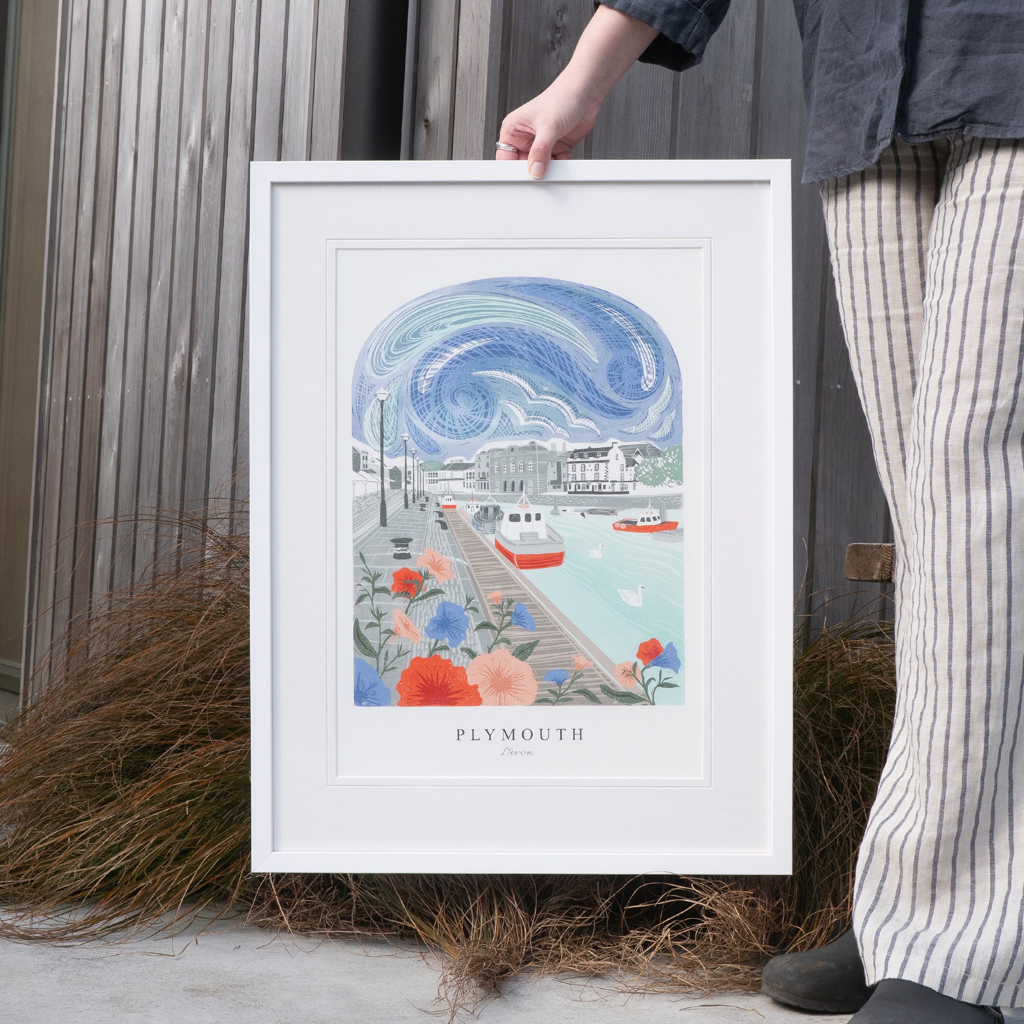 Framed Print-WF1050F - Plymouth Lino Large Framed Print-Whistlefish