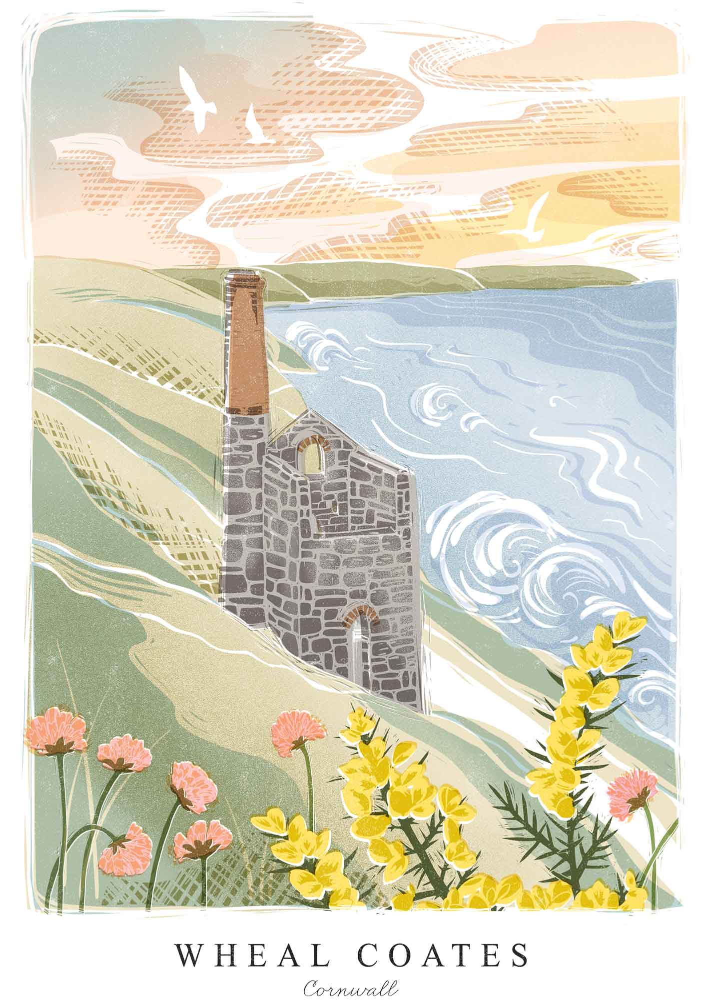 Framed Print-WF1223F - Wheal Coates Lino Small Framed Print-Whistlefish