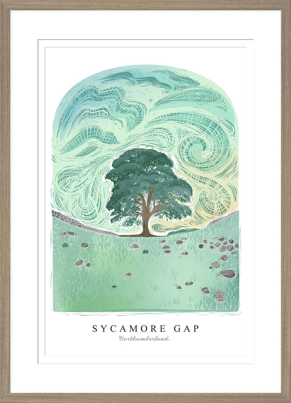 Framed Print - WF955F - Sycamore Gap Arched Lino Large Framed Pr - Sycamore Gap Arched Lino Large Framed Print - Whistlefish