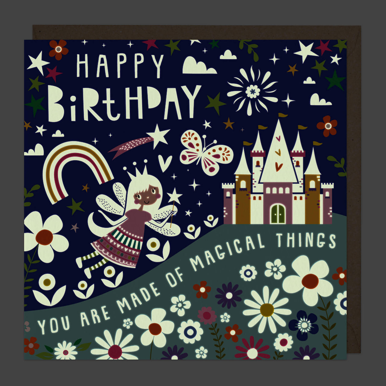 Greeting Card-B744 - Fairy Castle Glow in the Dark Birthday Card-Whistlefish