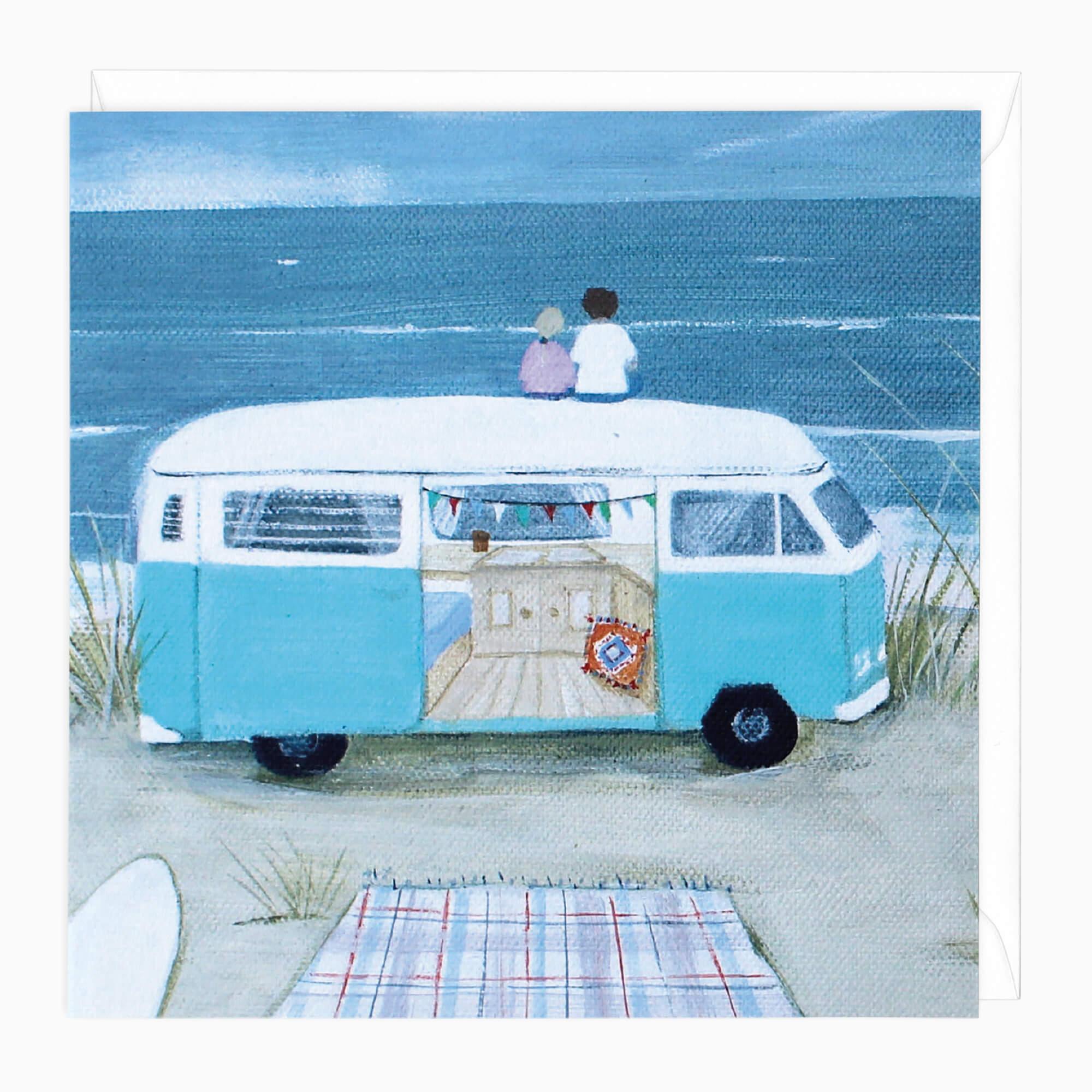 Greeting Card-B801 - Blue Campervan Art Card-Hannah Cole