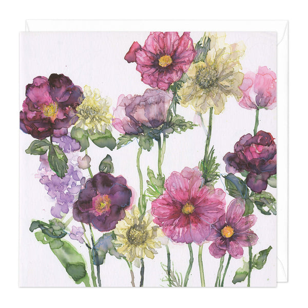 Greeting Card-D495 - Cosmos, Roses and Scabious Art Card-Whistlefish