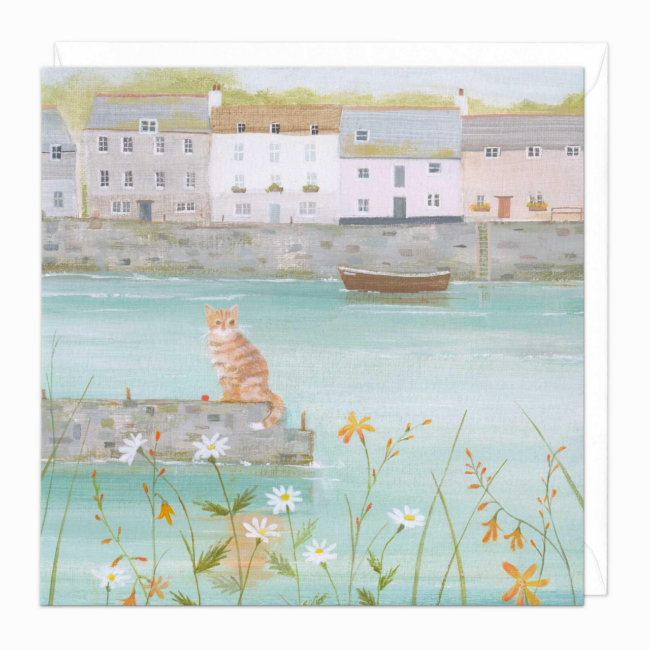Greeting Card-D828 - Harbour Wall Cat Art Card-Hannah Cole