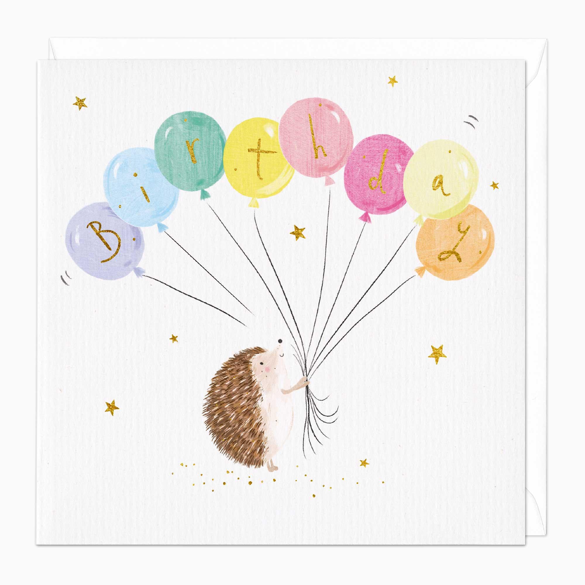 Greeting Card-E094 - Birthday Balloons Hedgehog Card-Whistlefish