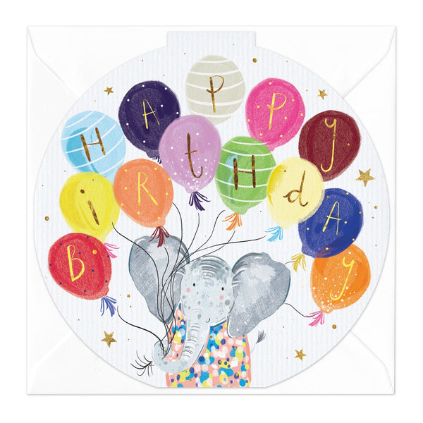 Greeting Card-E253 - Elephant Balloons Birthday Round Card-Whistlefish
