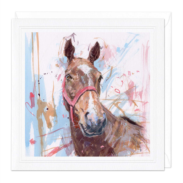 Greeting Card - F001 - Bay Horse in Red Halter Art Card - Bay Horse in Red Halter Art Card - Whistlefish