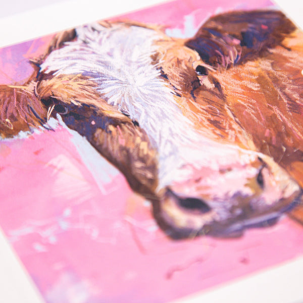 Greeting Card - F004 - Cartmel Cow On Pink Art Card - Cartmel Cow on Pink Art Card - Whistlefish