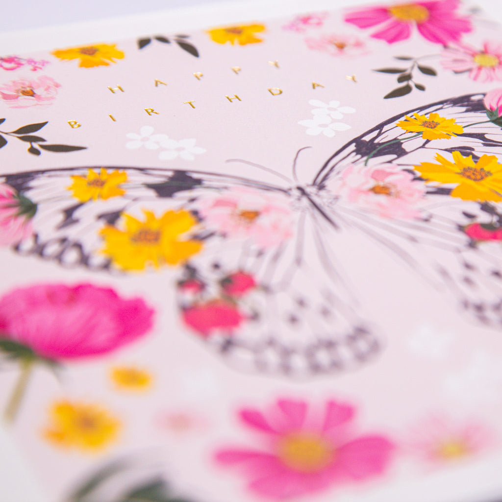 Greeting Card - F030 - Pink Floral Butterfly Birthday Card - Pink Floral Butterfly Birthday Card - Whistlefish