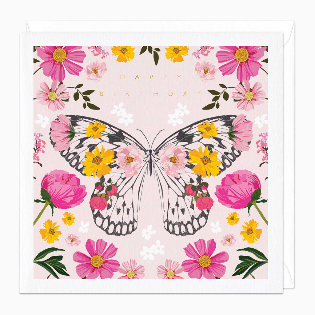 Greeting Card-F030 - Pink Floral Butterfly Birthday Card-Whistlefish