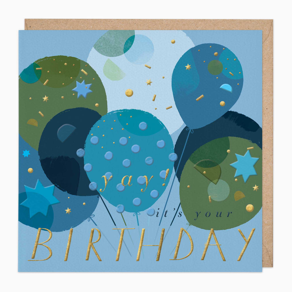 Greeting Card-F194 - Deep Blue & Green Balloon Birthday Card-Whistlefish
