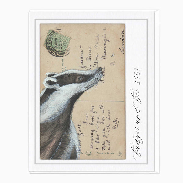 Greeting Card-F230 - Badger & Bee Vintage Art Card-Zenna Rogers Art