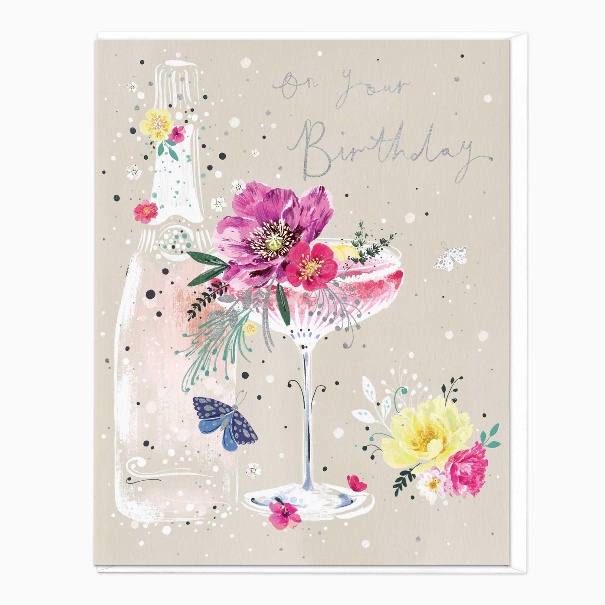 Greeting Card-F336 - On Your Birthday Floral Champagne Card-Whistlefish