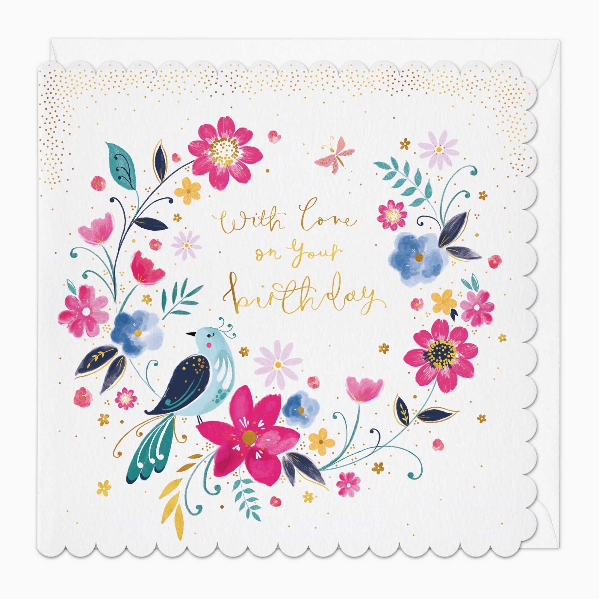 Greeting Card-G148 - With Love Floral Scalloped Birthday Card-Whistlefish