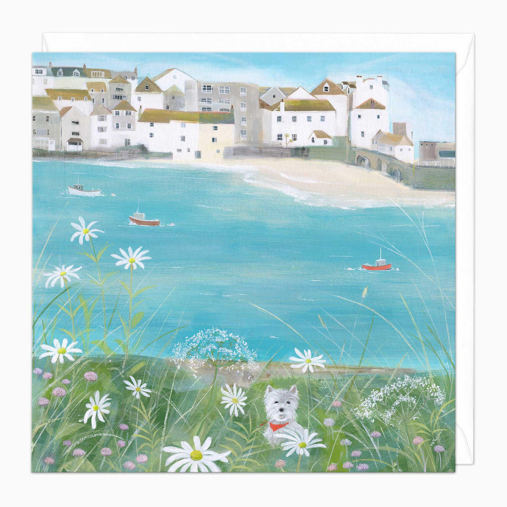 Greeting Card-G311 - Westie watching St Ives Art Card-Hannah Cole