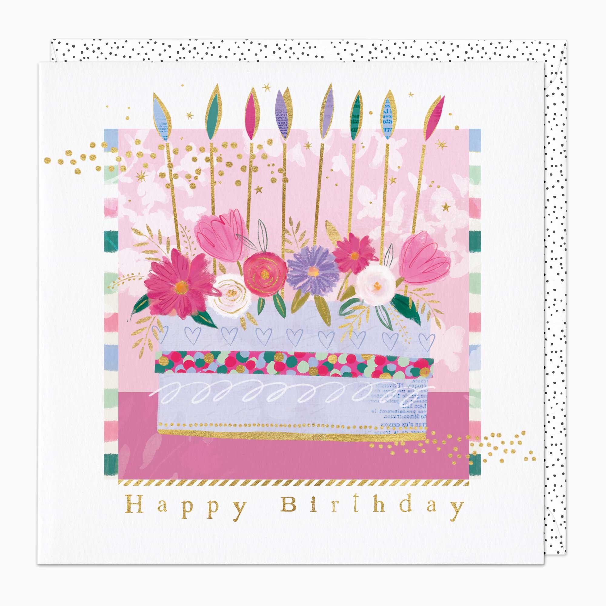 Greeting Card-G328 - Floral Cake & Candles Birthday Card-Whistlefish