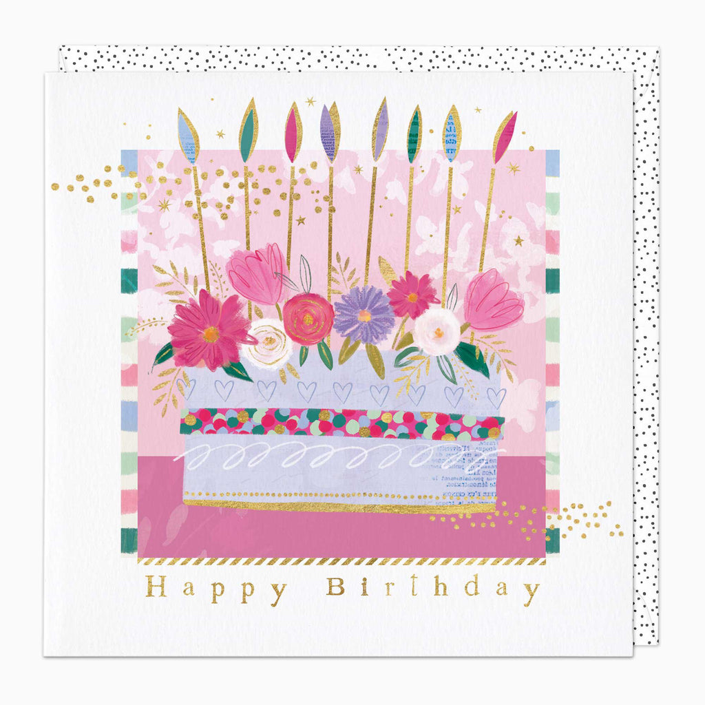 Greeting Card-G328 - Floral Cake & Candles Birthday Card-Whistlefish