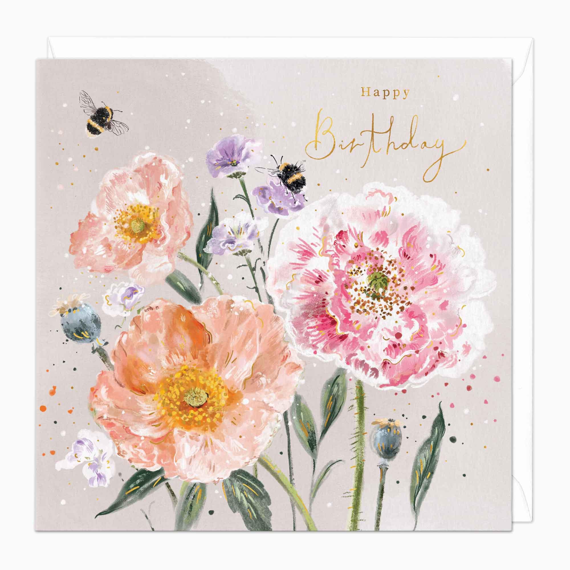 Greeting Card-G352 - Soft Poppies & Bees Birthday Card-Whistlefish