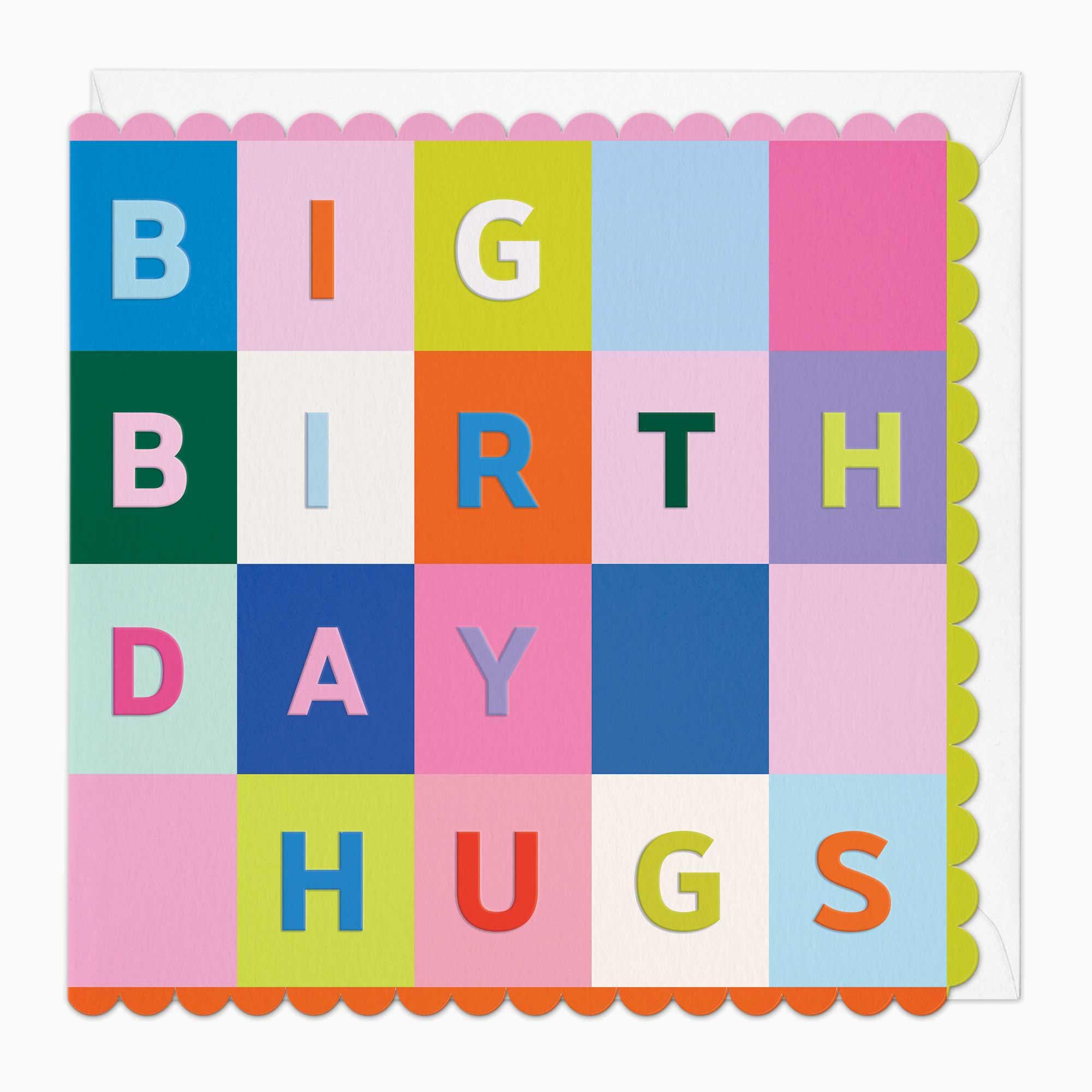 Greeting Card-G378 - Hugs Scalloped Grid Birthday Card-Whistlefish