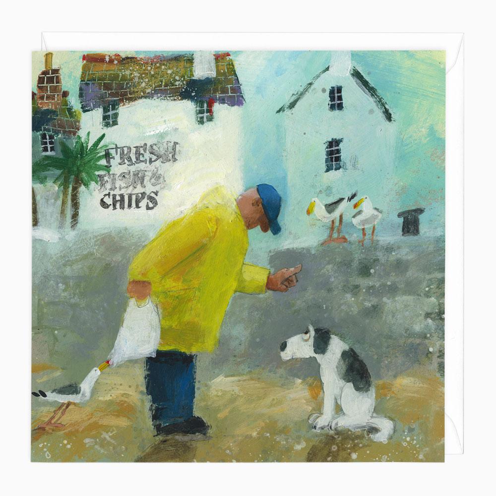 Greeting Card-W306 - Fish And Chips Humorous Art Card-Gerry Plumb
