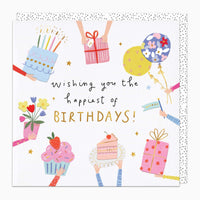 Happiest of Birthdays greeting card featuring colourful illustrations of gifts, cake, flowers, and balloons.