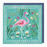 Painted Paradise Flamingo birthday card featuring a pink flamingo, tropical flowers, and foliage on a teal background.